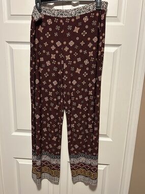 Susan Graver Burgundy /Gold Printed Liquid Knit Wide-Leg Pants
